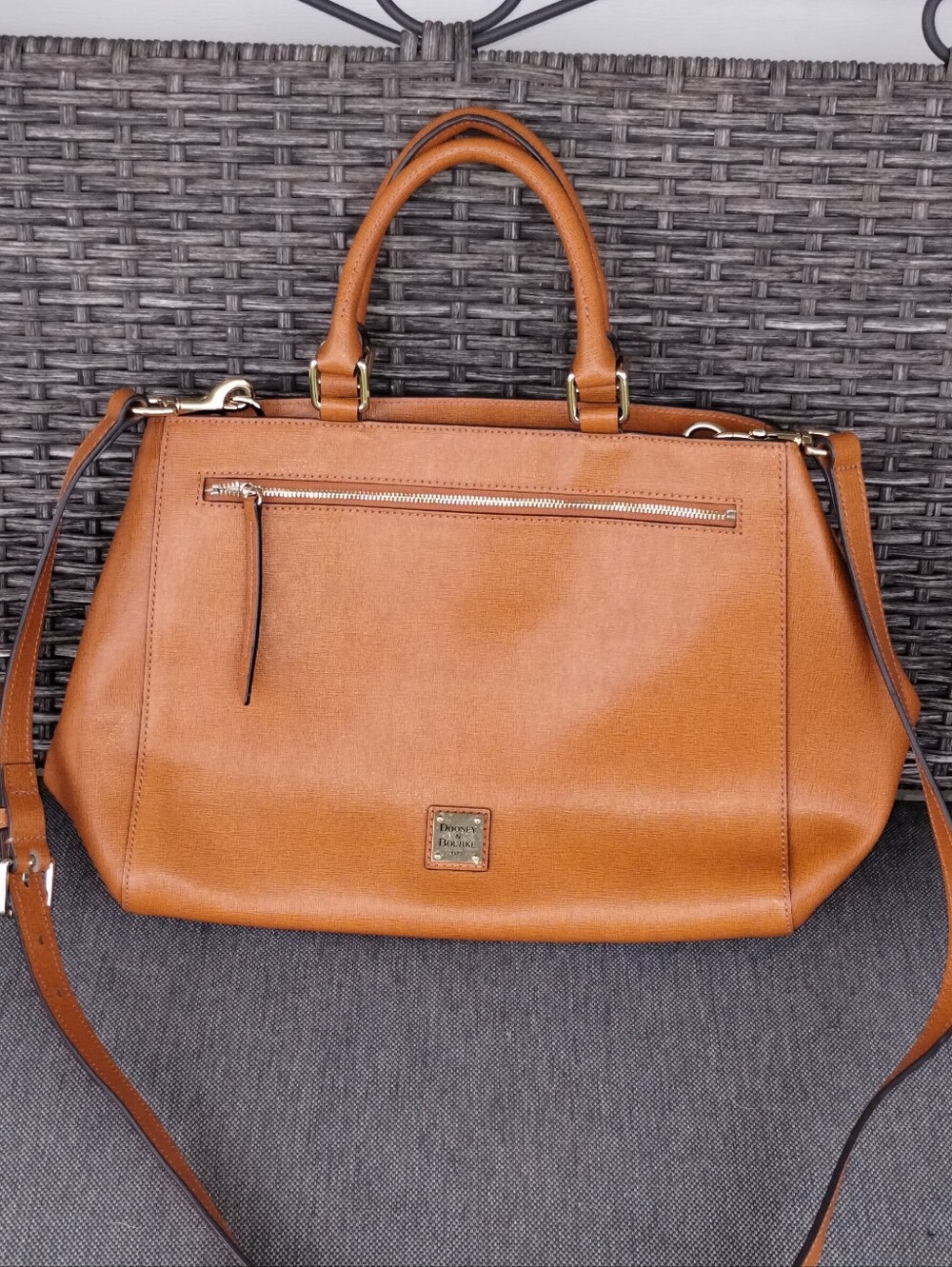 Dooney & Bourke Saffiano Zip Satchel Natural Brown Leather B2SAF1930 Crossbody